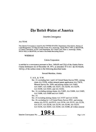 Page one of a multi-page interim conveyance document from 1984