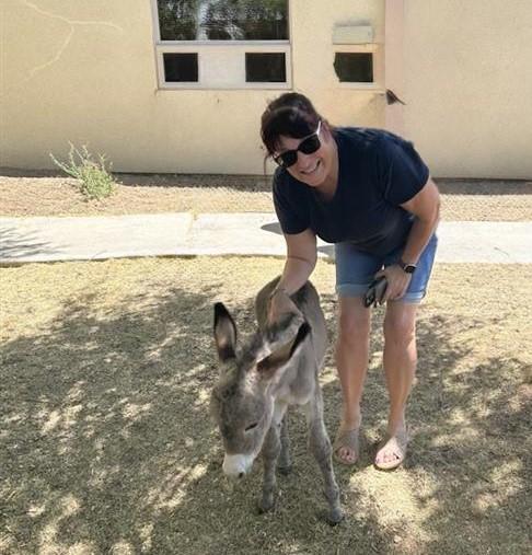 A woman wearing sunglasses smiles while petting a young donkey in a shaded outdoor area near a building.