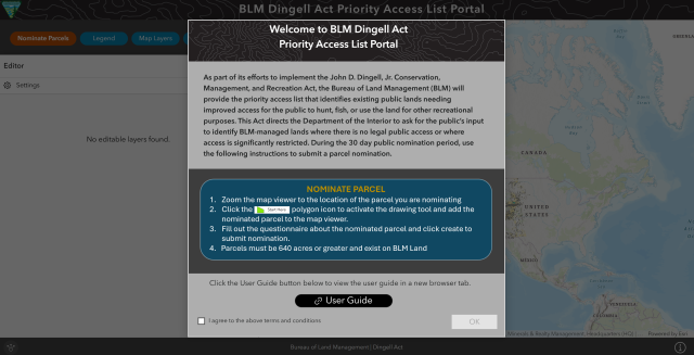 Screenshot of the Dingell Act Priority Access Parcel Nomination Portal Tool 2026