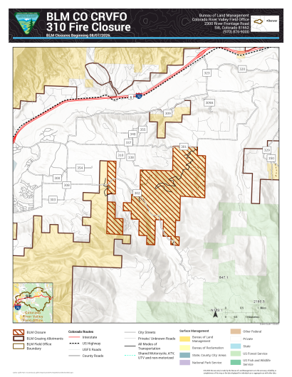 Topographical map of BLM public lands closed near the 310 Fire effective Aug. 7, 2026.