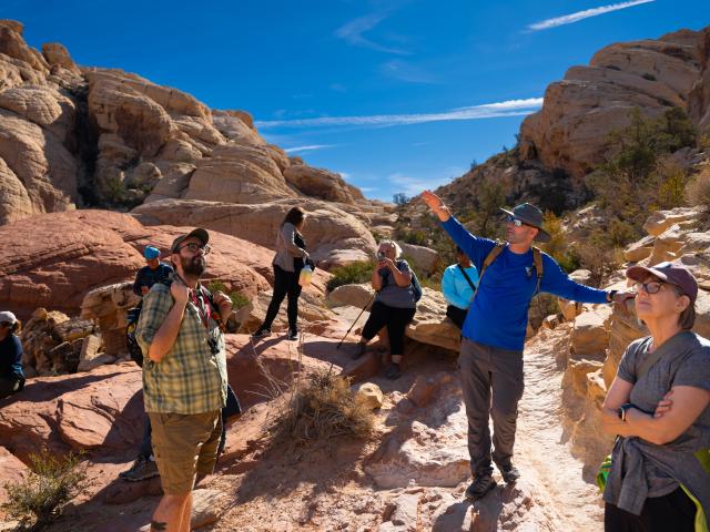 A group of people stand on rocky terrain while one person points toward the distance.
