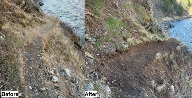 Before and after of the trail work at Bear Trap Wilderness