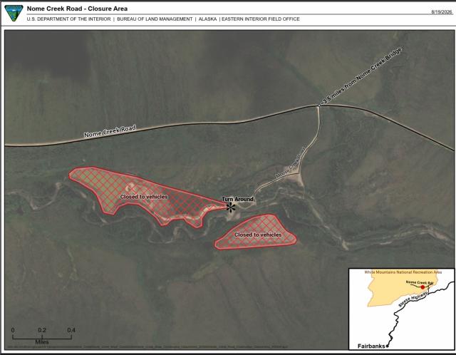 A map showing the closure areas along Nome Creek Road.