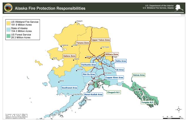 Map showing Alaska divided into three protection areas as covered by the U.S. Wildland Fire Service in yellow, the State of Alaska Division of Forestry & Fire Protection in blue and the U.S. Forest Service in green.