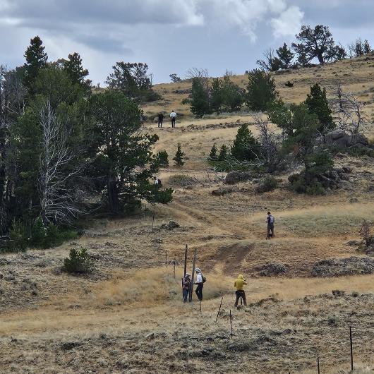 big landscape of brown with people scattered about taking down an old fence