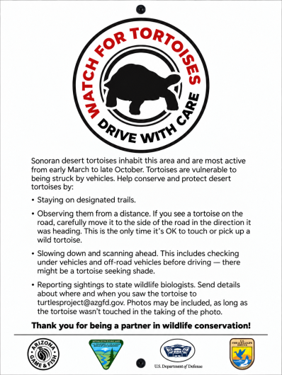 A white sign with a warning to "Watch for Tortoises" along with instructions on what to do when you spot a tortoise and the logos for the agencies that participated in the project at the bottom.