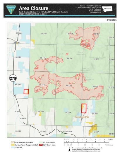 an aerial view of a map with markings designating closure areas on BLM lands near Dillon, Montana