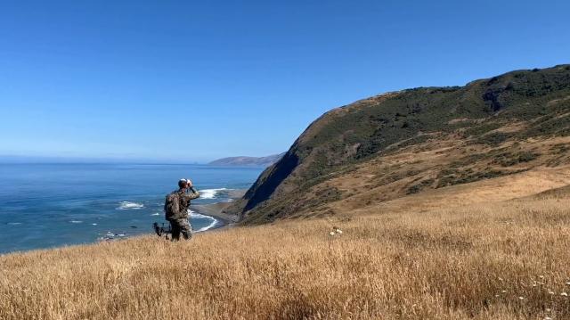 Bow hunter scouting a cliffside of the King Range National Conservation Area.