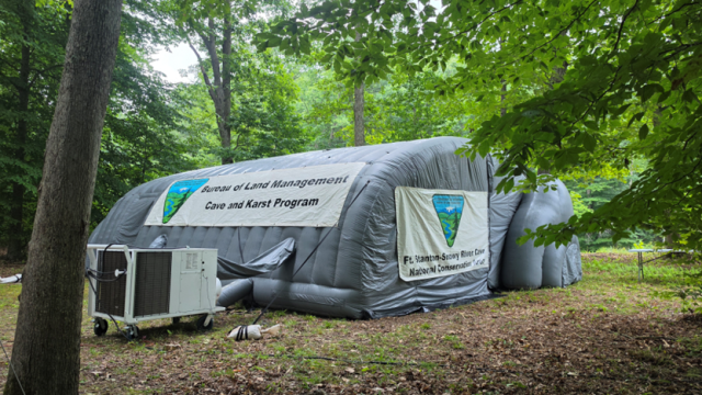 Inflatable cave and karst education exhibit in a wooded area, labeled Bureau of Land Management and Ft. Stanton–Snowy River Cave.