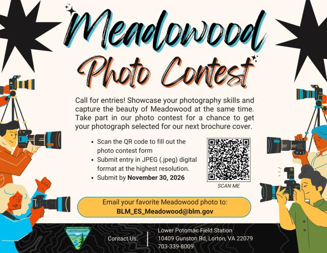 Poster announcing the “Meadowood Photo Contest,” inviting entries by November 30, 2026, with QR code and email submission details.