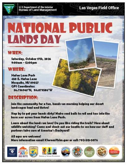 Flyer announcing National Public Lands Day 2026 event in Mesquite, NV.