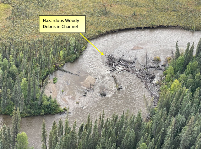An aerial view of a river with a log jam. A text box explains the location of the log jam. 