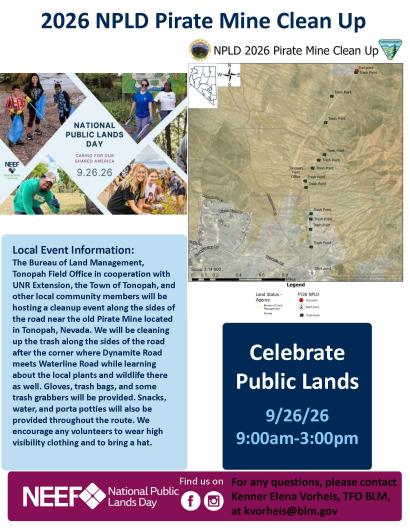 Flyer advertising 2026 NPLD volunteer opportunity in Tonopah Field Office.