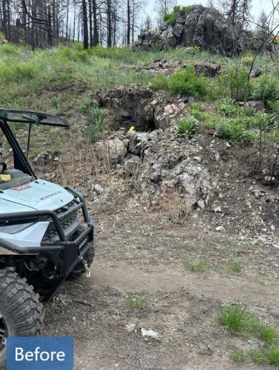 Before: Rocky slope with a small cave-like opening, shown next to an off‑road utility vehicle.