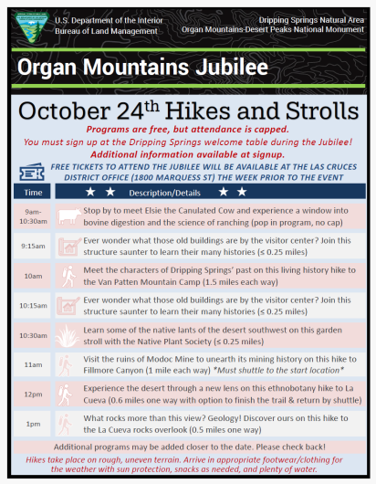 Organ Mountains Jubilee Schedule of Events