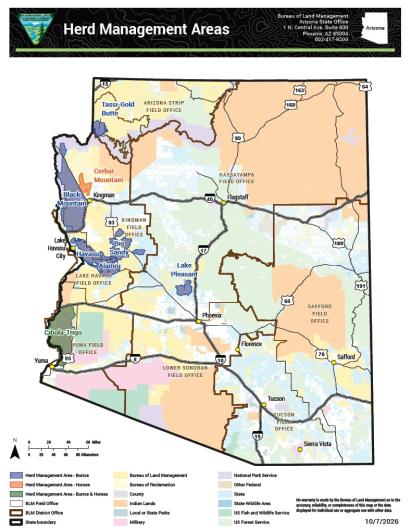 Map of Arizona showing wild horse and burro herd management areas (HMA). Burro HMAs are marked in blue. Horse areas are marked in orange. Horse and burro areas are marked in green.