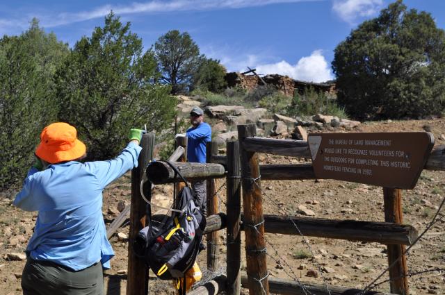 A volunteer and BLM employee stand by historic homestead fencing.