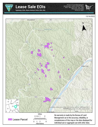 Bureau of Land Management lease sale map showing purple lease parcels near Monroe and Matamoras in Wayne National Forest, Ohio.