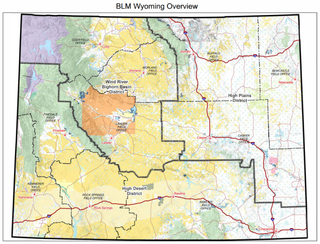 A map showing the land status and district boundaries in Wyoming.