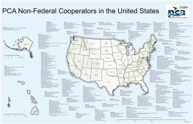 A map of the United States against a light blue background showing the over 400 non-federal cooperators with the PCA. Black text lists the names of all of the cooperators by state.