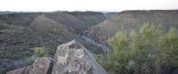 A river flows through a canyon in the distance. In the foreground is a closeup of rock art.