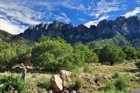 The steep, angular mountain range against a clear blue sky at Organ Mountains-Desert Peaks National Monument.