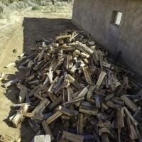 A stack of firewood next to an adobe home in New Mexico.