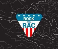 Black and white topo background. Upside down triangle in red white and blue "Rock the RAC"