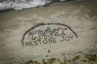 aerial view of ochre sea stars forming the words "Restore Joy" in the sand. 