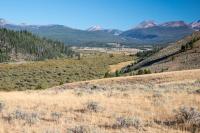 Outdoor view of valley with trees and mountains on either side and in the back ground. 