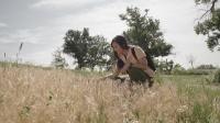 A woman kneels in a field of cheatgrass