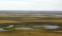 Small area of industrial development structures is surrounded by open green tundra and pockets of pooled water.  Photo by Judy Patrick, courtesy of ConocoPhillips