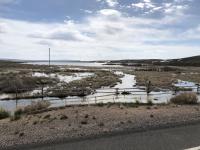 flooding water envelops fencing and approaches road