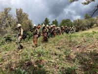 A crew of wildland firefighters, the Bonneville Interagency Hotshots, hiking while fighting the Thompson Ridge Fire.