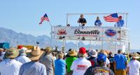 Audiences listening to announcers during SpeedWeek at the Bonneville Salt Flats, Aug 2023.