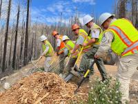 BLM and NPS maintenance crews shovel wood chips, pictured left to right: Jimmy Garcia BLM Heavy Equipment Operator, Oscar Luna NPS Crew, Kellie Greenwood NPS Crew, Adam Pegorsch NPS crew, Steve Barry NPS Crew and Arturo Casarez BLM Park Ranger.