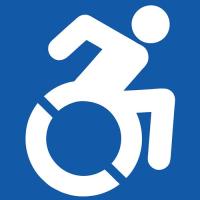 The icon shows a wheelchair user leaning forward in the chair in an active posture. Two semicircle cutouts are used to represent the wheel in a way that suggests motion.
