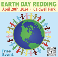 Earth Day Redding. April 20th, 2024. Caldwell Park. Free Event. graphic of an earth with people holding hands around it.
