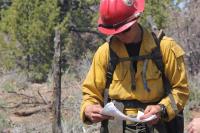 firefighter wearing hard hat and fire clothing looking at paper