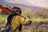 A firefighter walks away towards burnt vegetation carrying large tools slung over their shoulder.