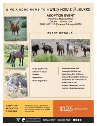 a flyer details event information for a wild horse and burro adoption event in Florence, Colorado, Oct. 11-12