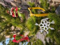 Ornaments hanging on a pine tree. 