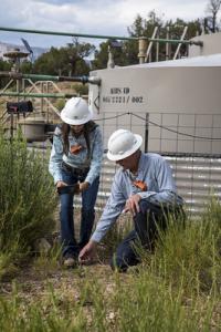 a man and woman in white hard hats looking at the ground standing