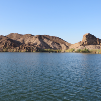 A lake with a mountain range