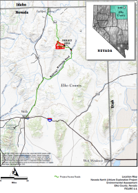 Map showing Elko County, Nevada, with a small red rectangle shown north of the city of Wells and south of the Idaho border along Wilkings Montello Road.