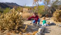 Mother and daughter point at a cactus