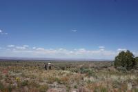 A flat brushy landscape under a blue sky with two people standing in the distance