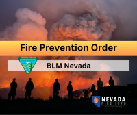Text: Fire prevention order. BLM Nevada. Image: Logos for BLM and Nevada Fire Info website. Background image: people looking at a wildfire. 