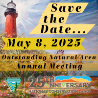 Colorful announcement for May 8, 2025, Outstanding Natural Area Annual Meeting, celebrating 25 years of National Conservation Lands.