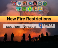 Text: new fire restrictions. Southern Nevada. Image: People silhouetted with orange wildfire in background.